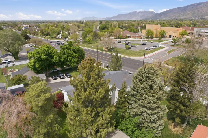 Aerial view of residential area with a mountainous background