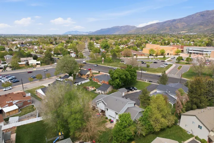 Aerial view of residential area with a mountain backdrop