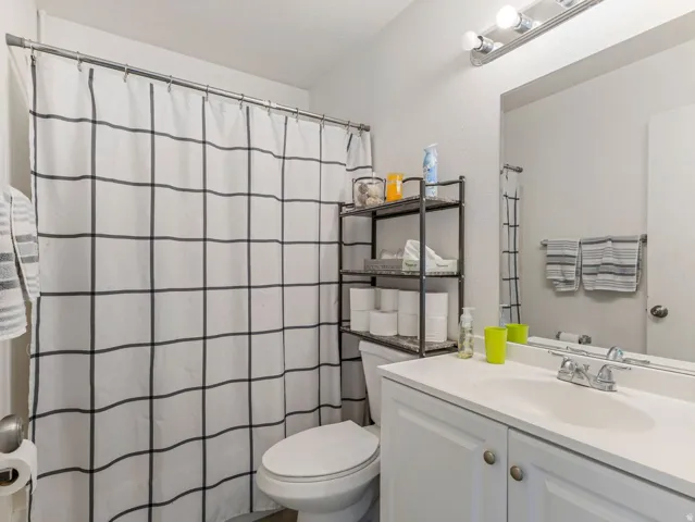 Bathroom with vanity and a shower with curtain