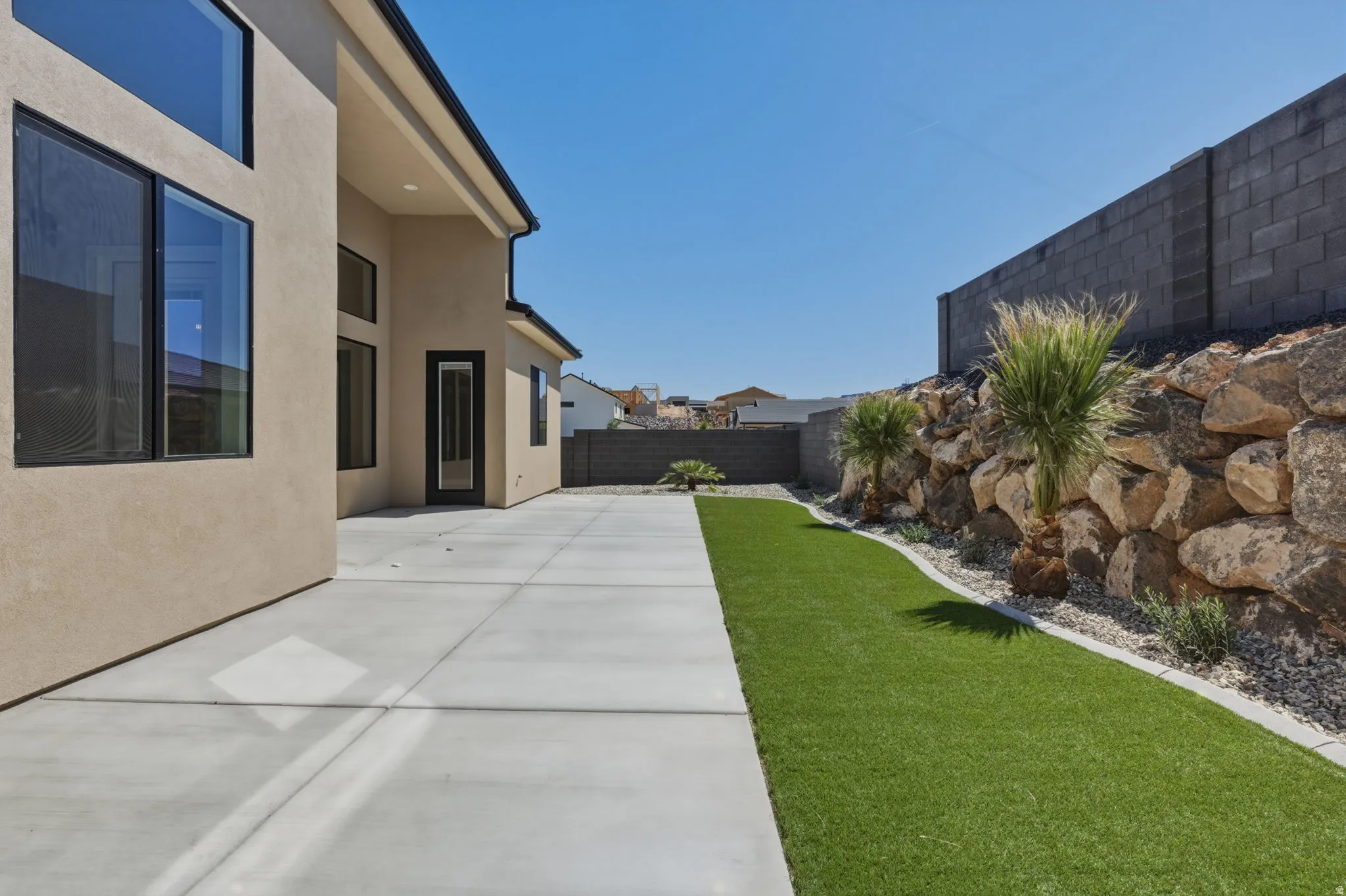 Fenced backyard featuring a patio