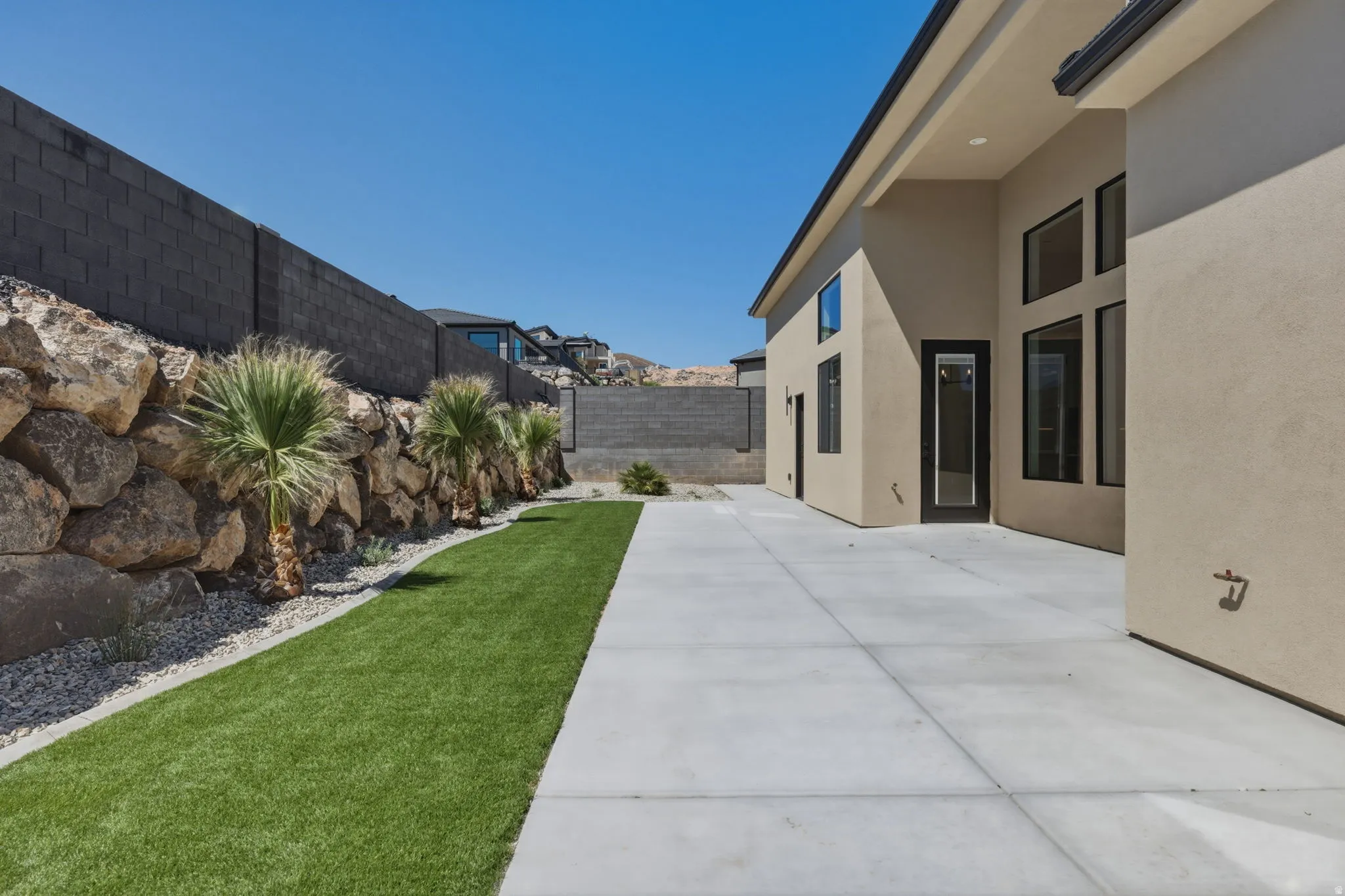 Fenced backyard with a patio