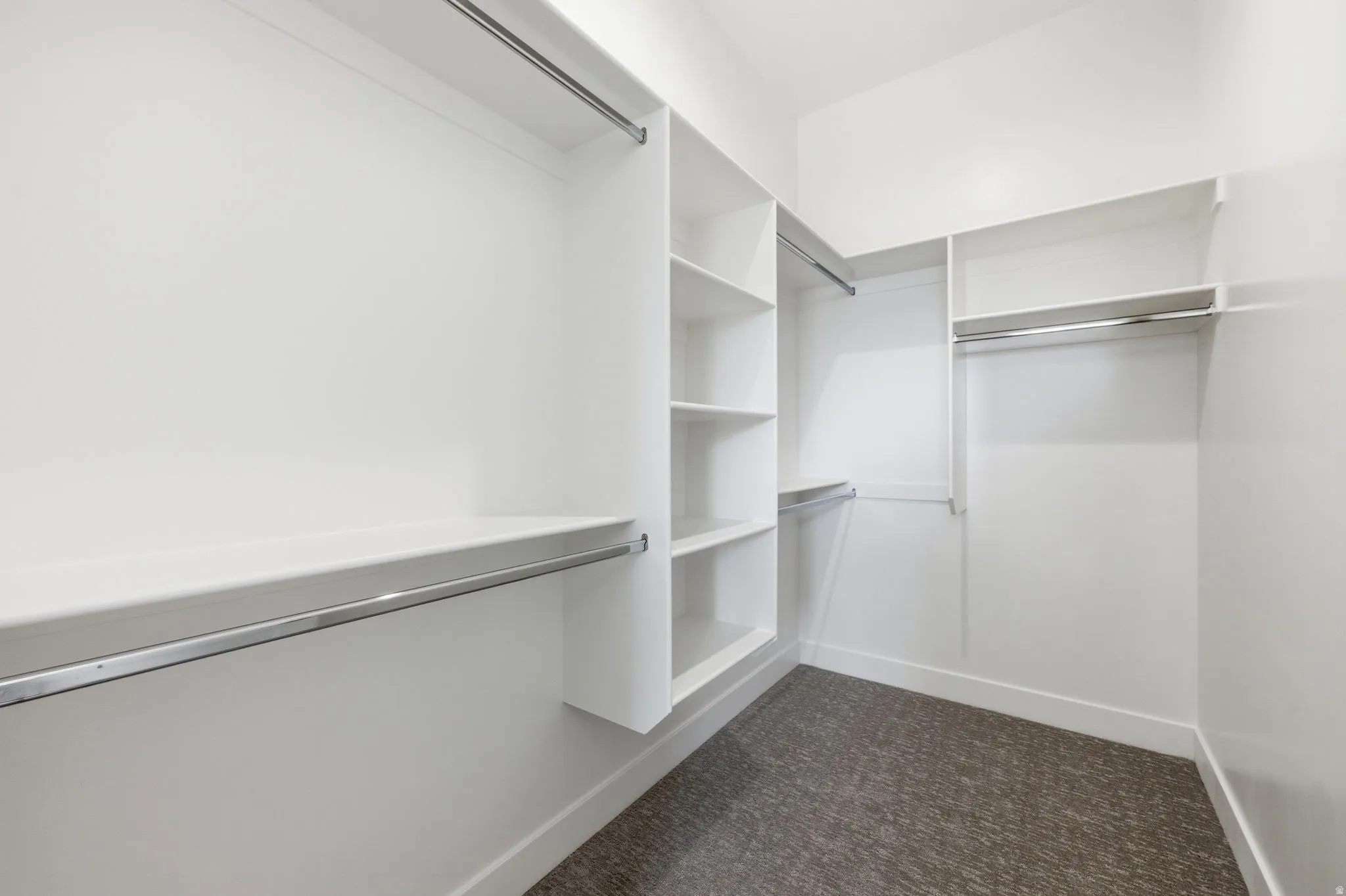 Walk in closet featuring dark colored carpet