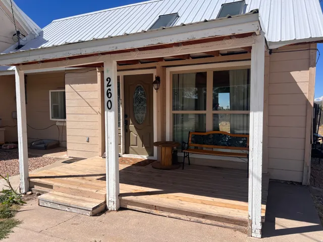 Front porch with wood decking and steps, featuring a metal roof and skylights