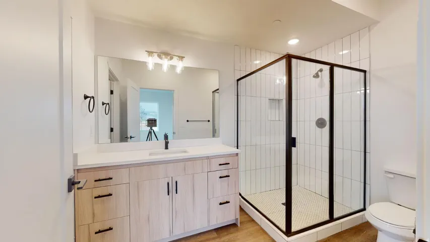 Full bath featuring vanity, a shower stall, and light wood-style flooring