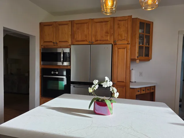 Kitchen featuring wood finish cabinetry, glass insert cabinets, stainless steel appliances, decorative light fixtures, and a center island