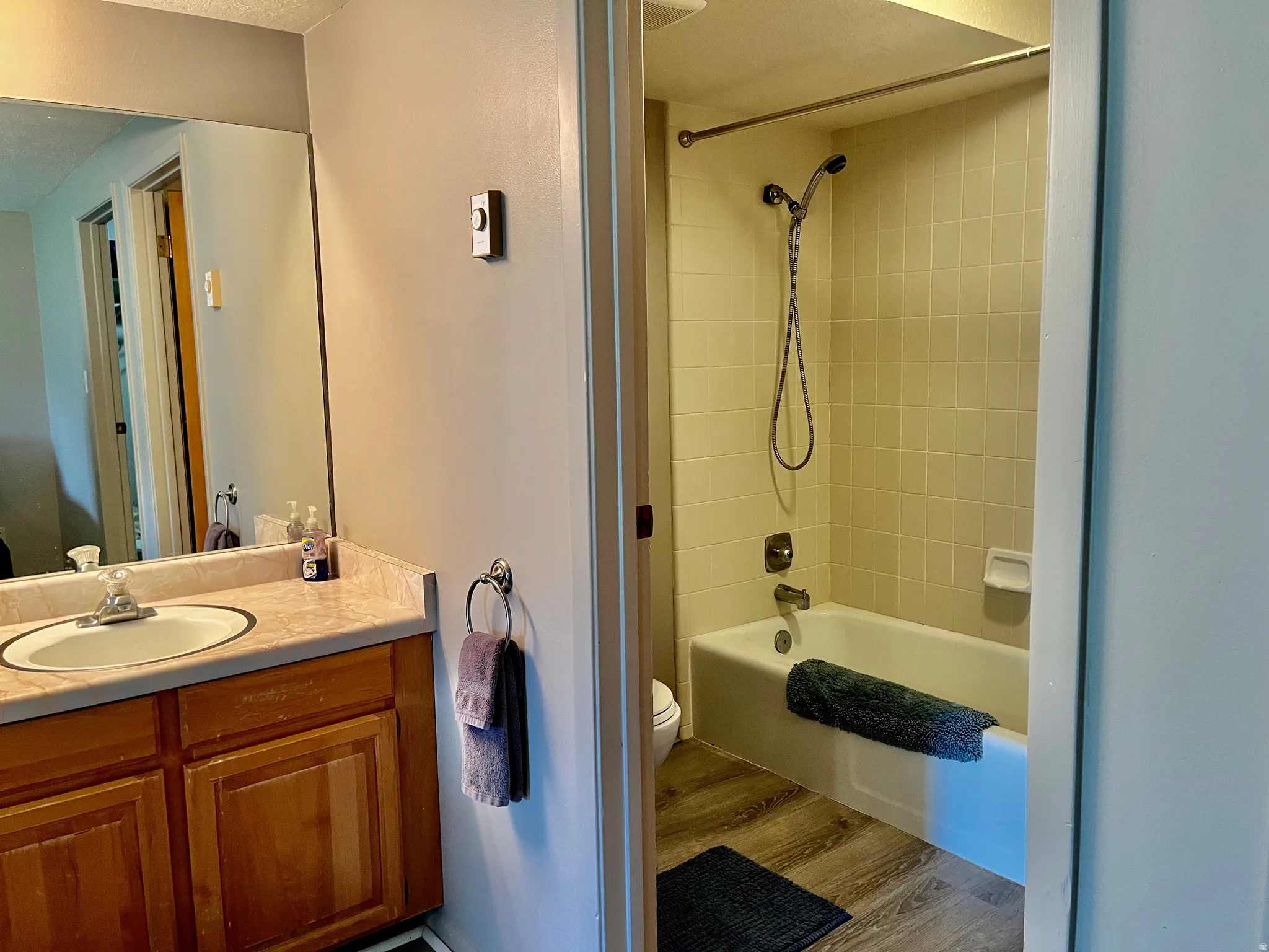 Full Bathroom with large mirror and vanity.