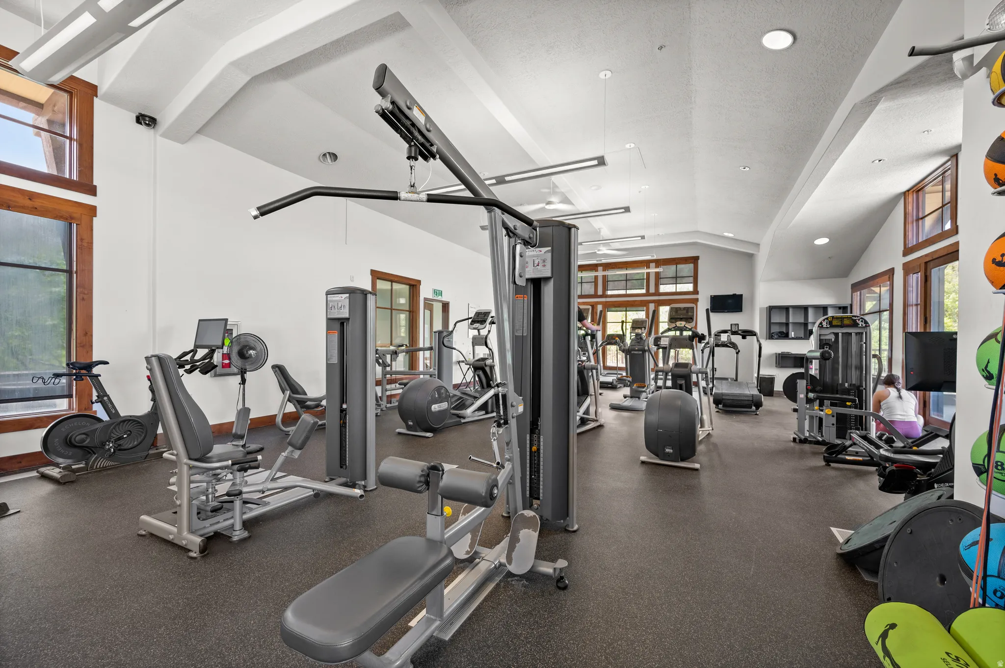 Gym featuring recessed lighting and vaulted ceiling