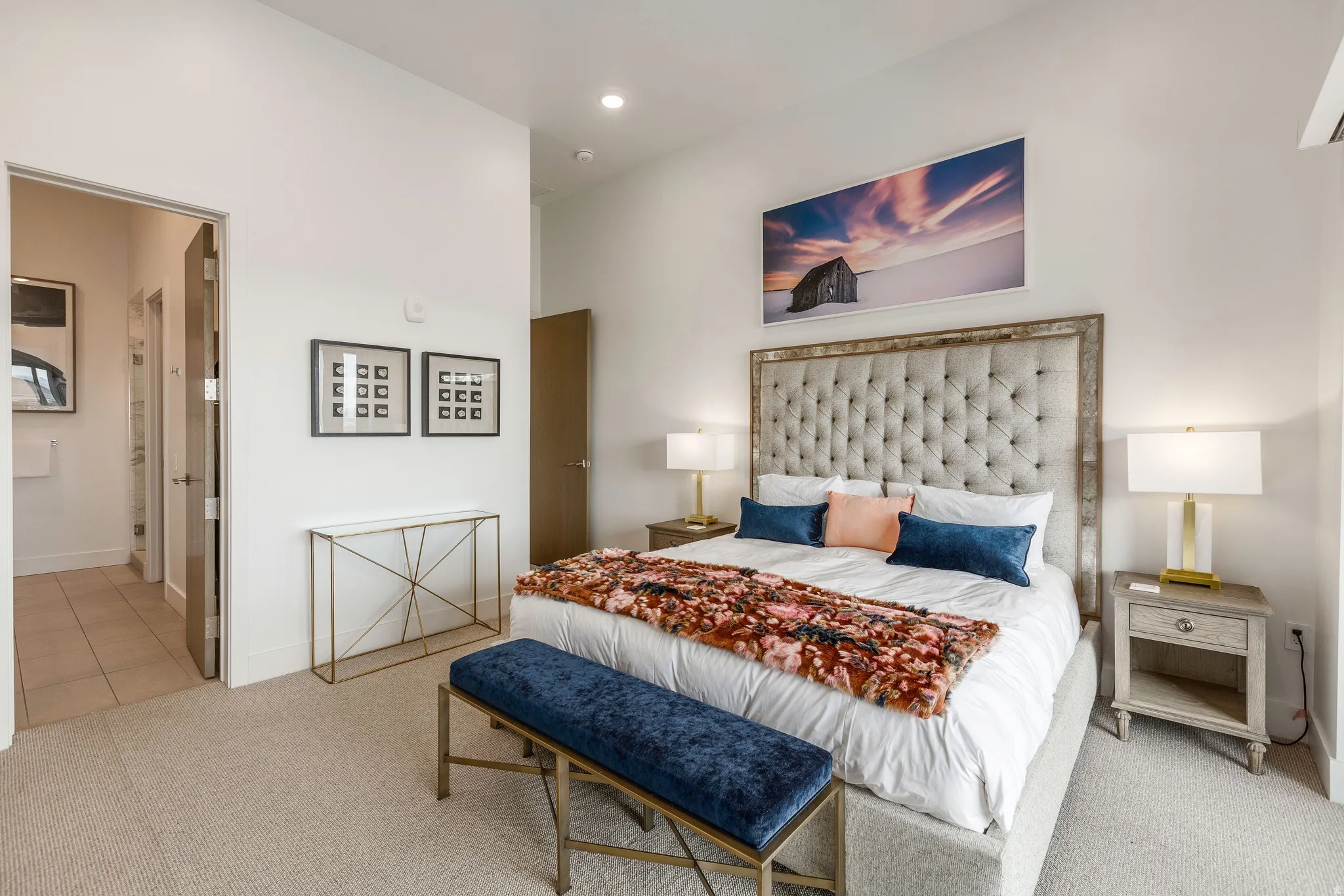 Bedroom featuring light colored carpet and recessed lighting