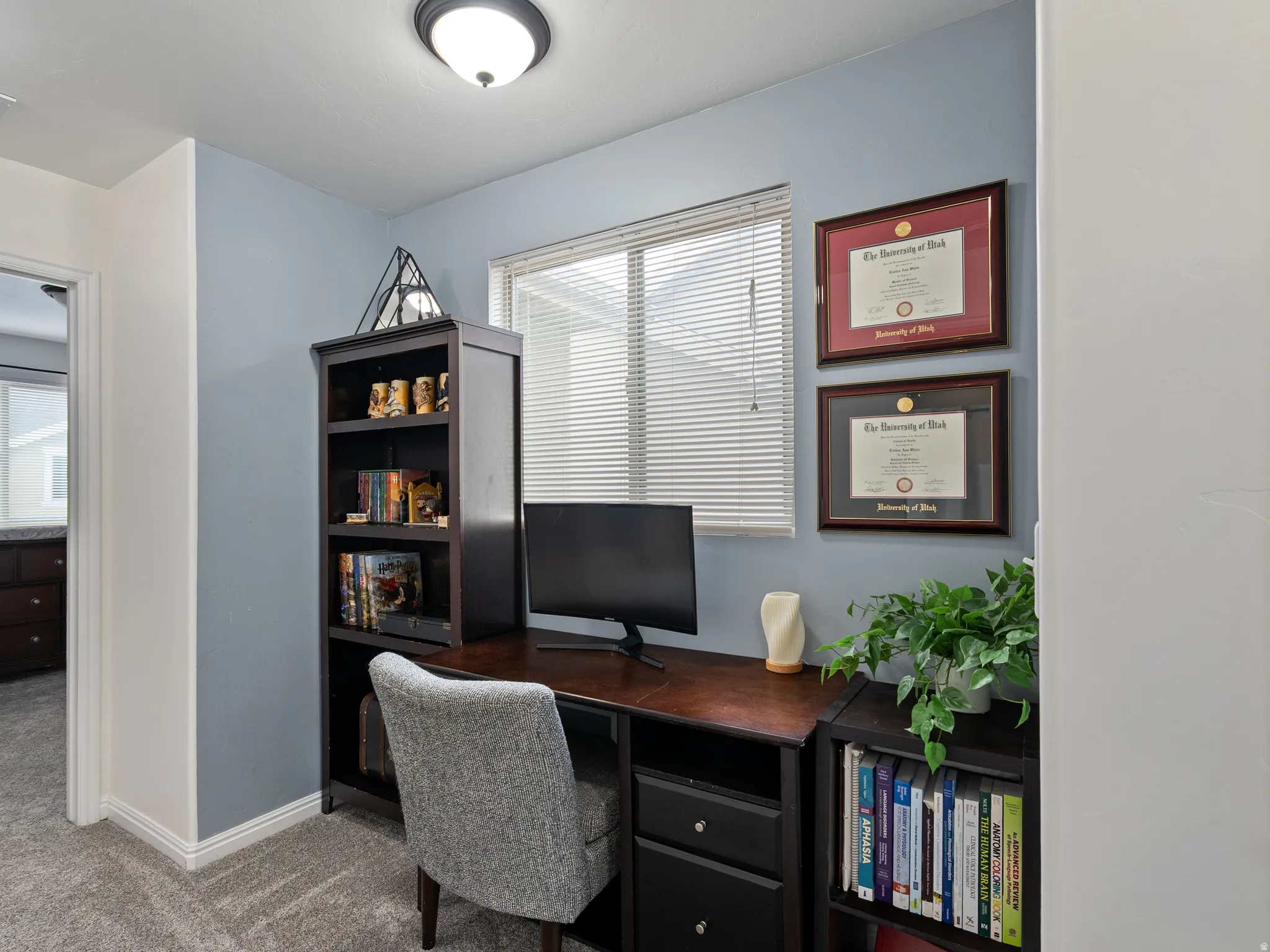 Office space with carpet floors and baseboards