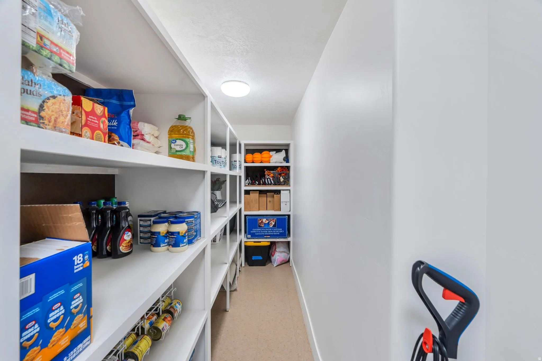 Finished storage room with shelving