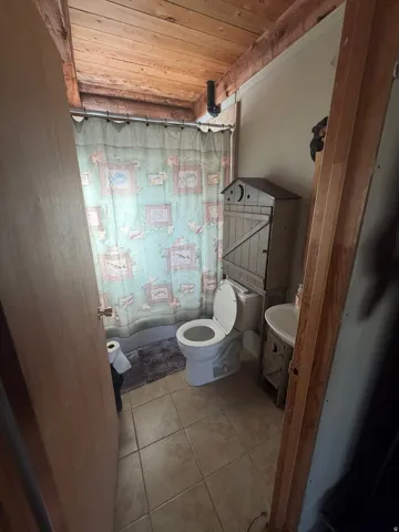 Bathroom with wooden ceiling, light tile patterned floors, and a shower with shower curtain