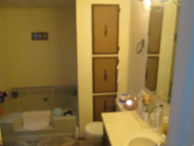 Bathroom featuring a garden tub and vanity