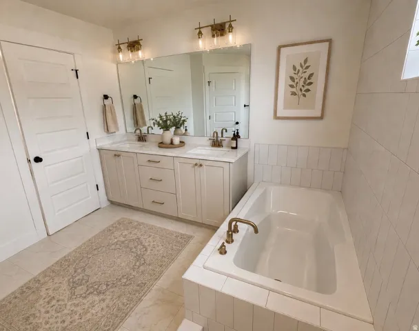 Spacious bathroom featuring a double vanity with stone countertops, an undermount tub with a tile surround, and tile flooring