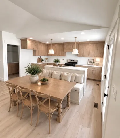 Open-concept kitchen featuring light wood cabinetry, white countertops, and a built-in banquette with a dining table