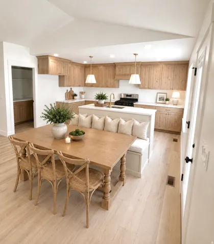 Well-appointed kitchen featuring wood cabinetry, white countertops, and a built-in banquette with a table