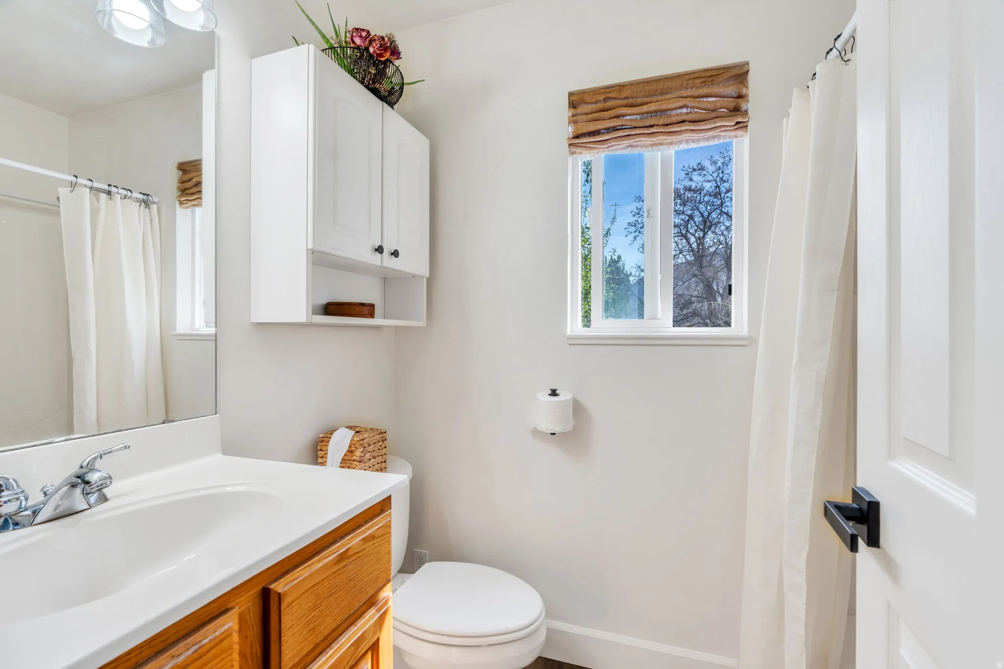Full bathroom with vanity and a shower with curtain