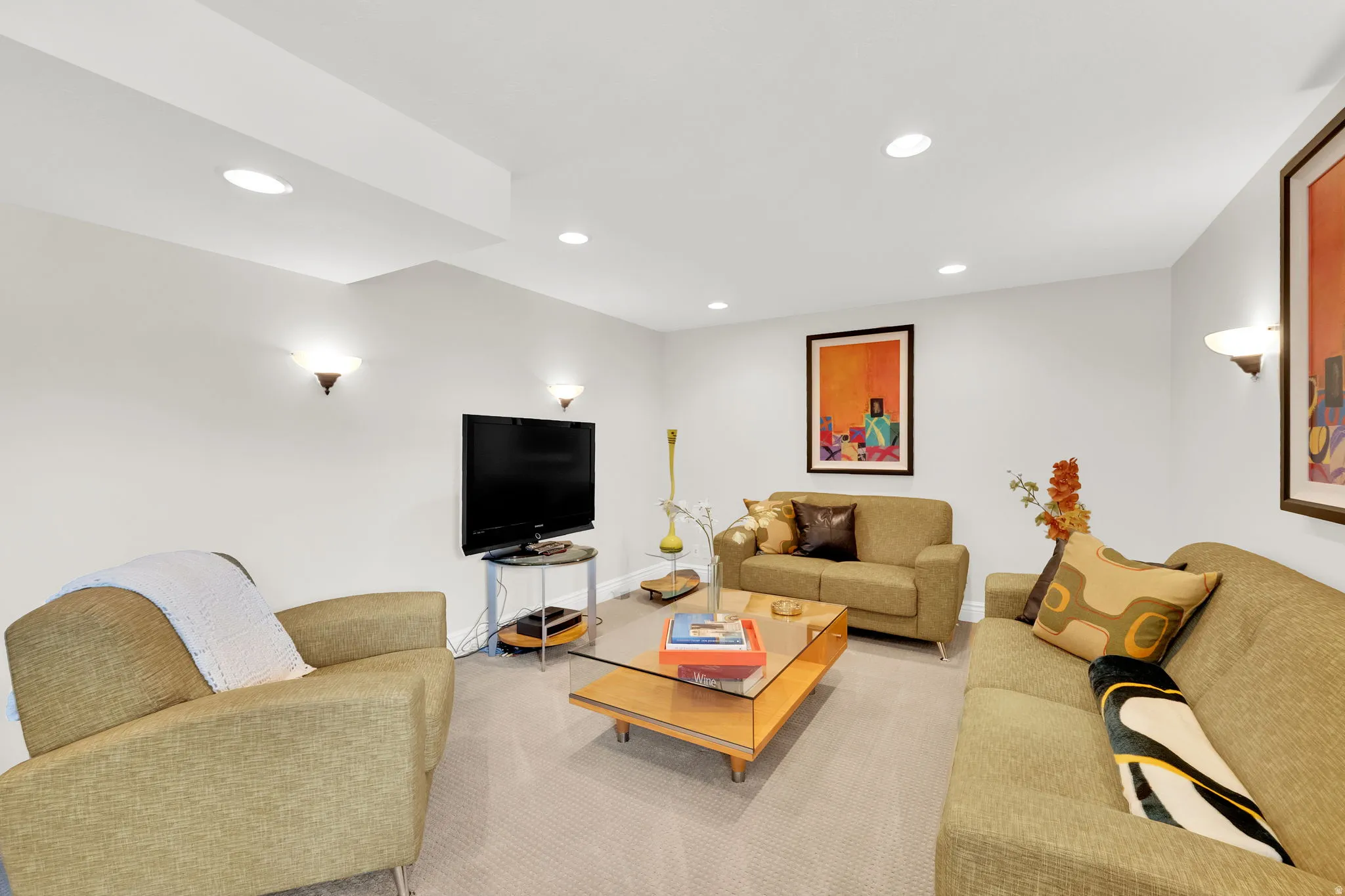 Living room featuring carpet flooring and recessed lighting