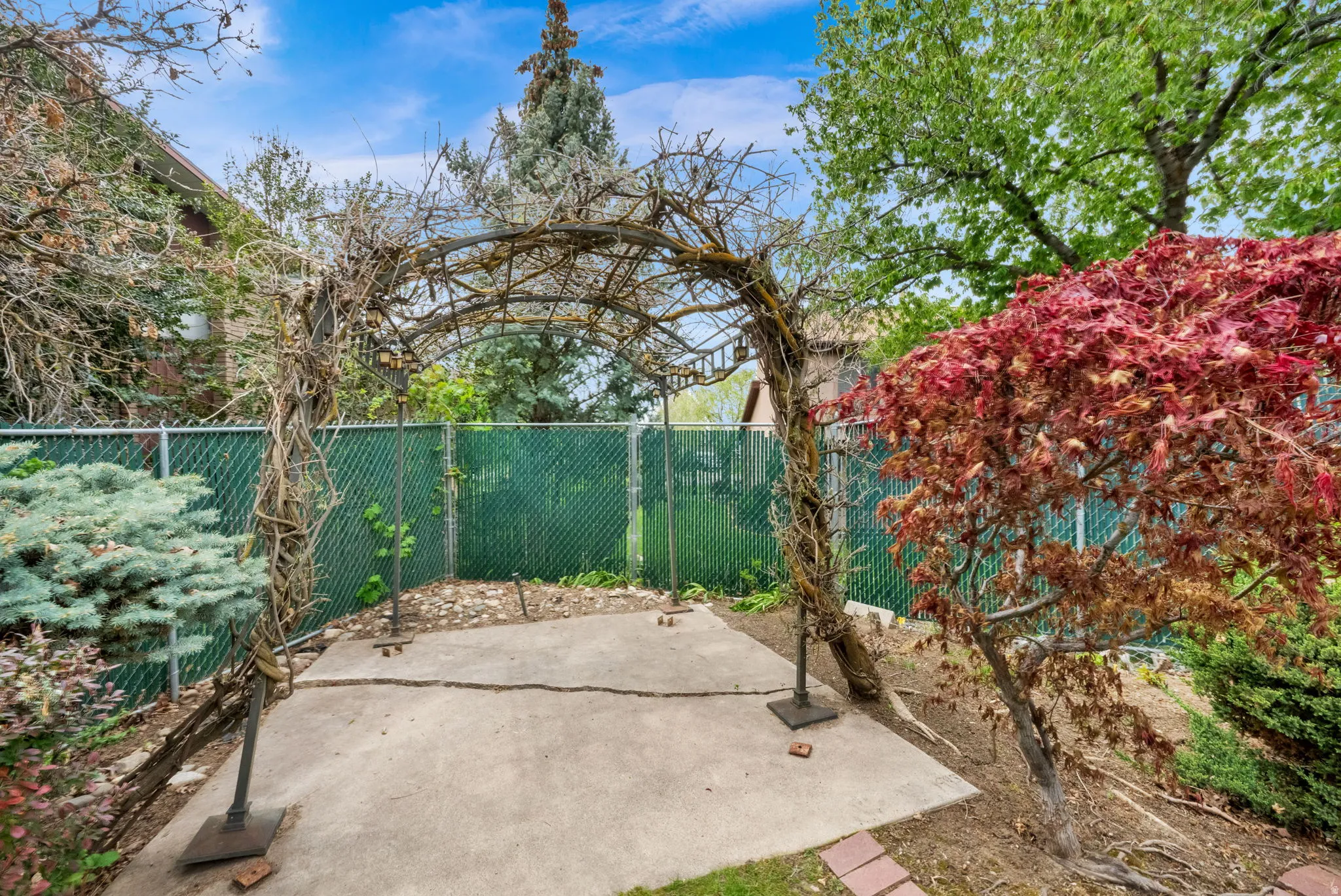 Fenced backyard featuring a patio