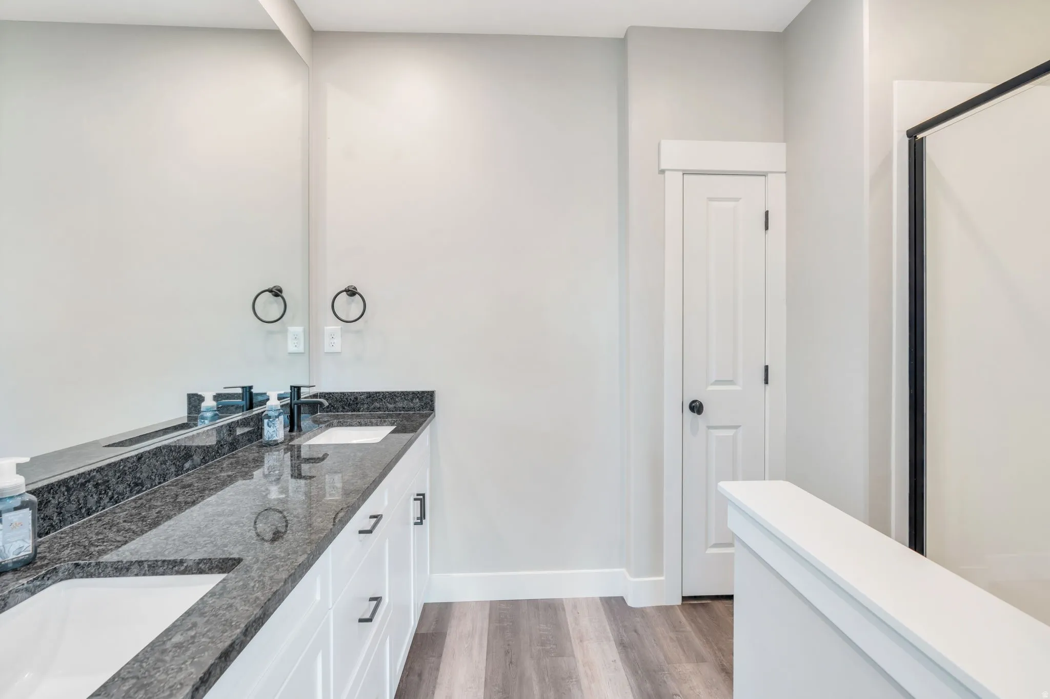 Bathroom with double vanity, light wood-style floors, and a stall shower
