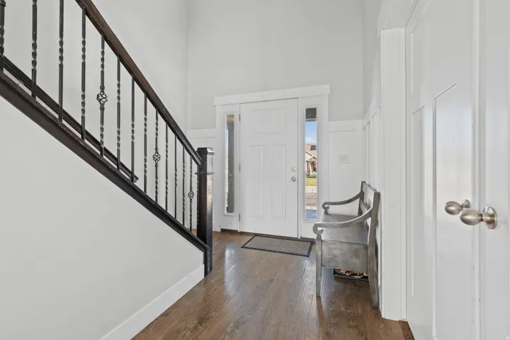 Foyer featuring dark wood-type flooring and a high ceiling