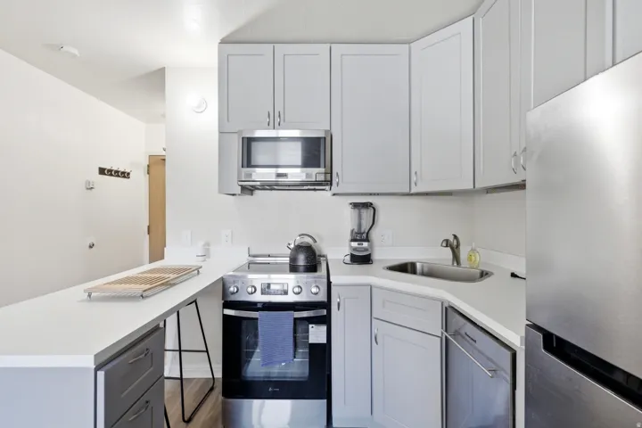 Kitchen featuring stainless steel appliances, gray cabinetry, and a peninsula