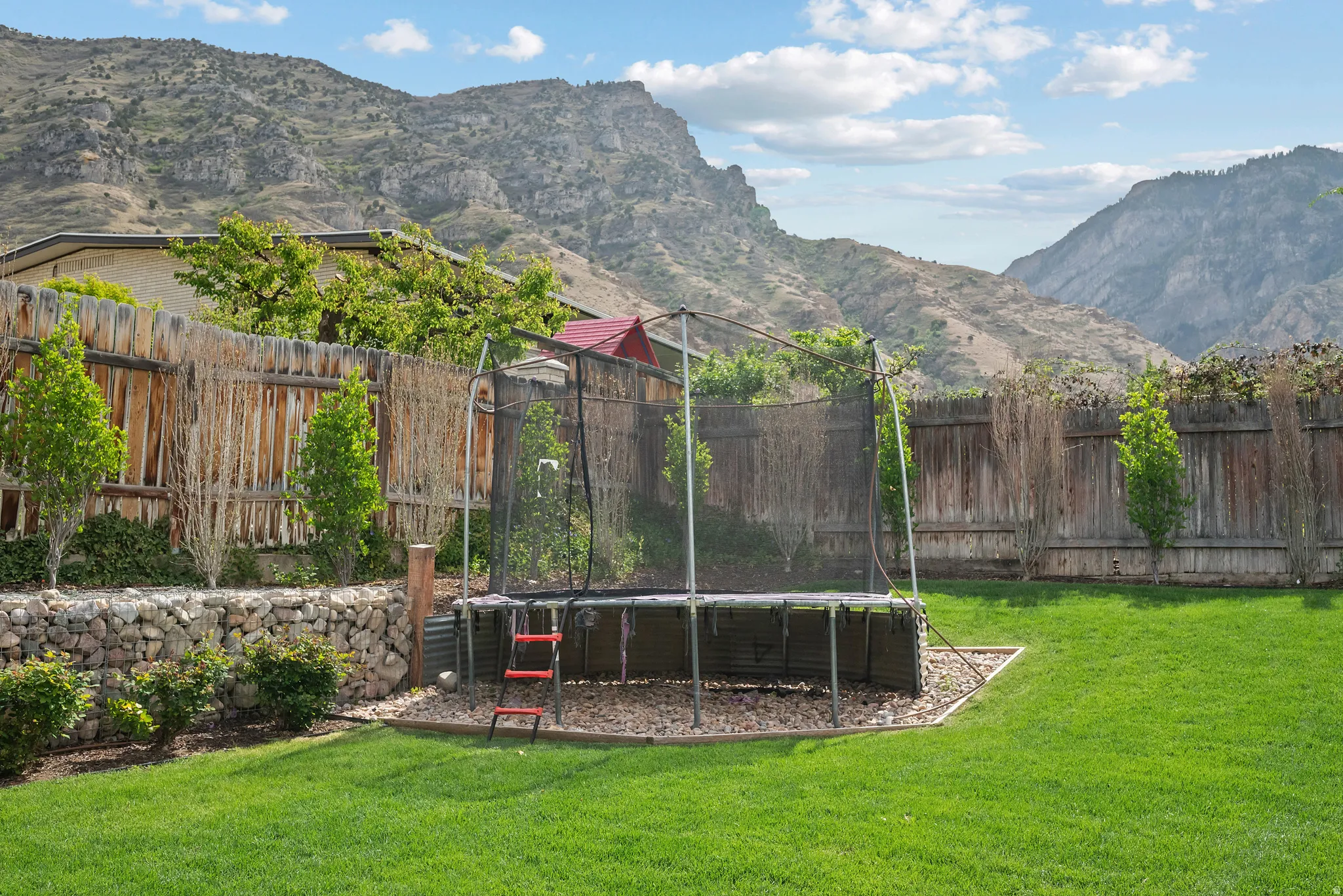 Fenced backyard featuring a mountain view and a trampoline