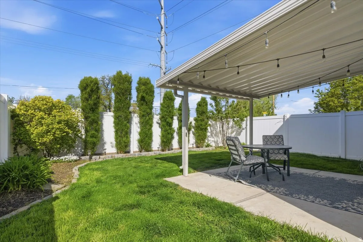 Fenced backyard with a patio