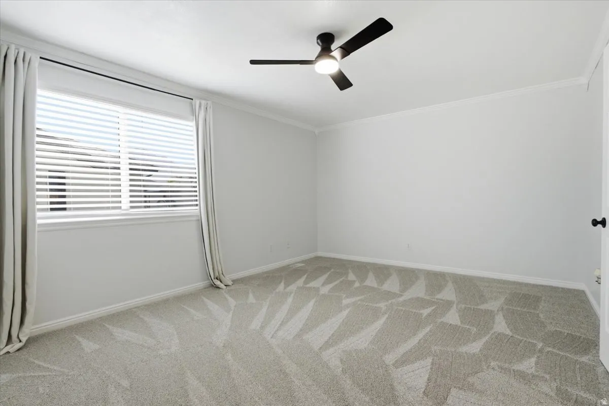 Empty room featuring crown molding, light carpet, and a ceiling fan