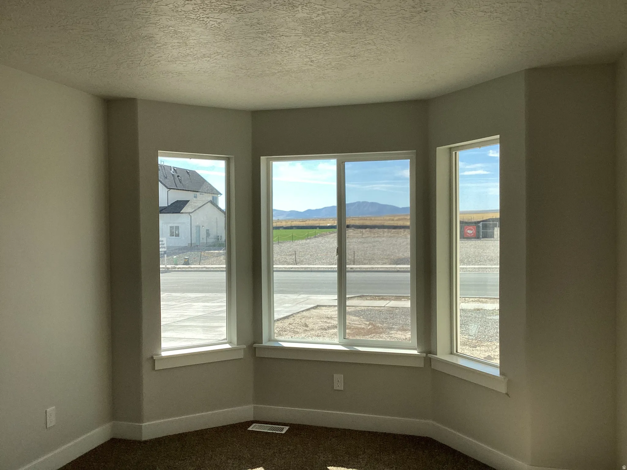 Unfurnished room featuring a mountain view, carpet, and a textured ceiling