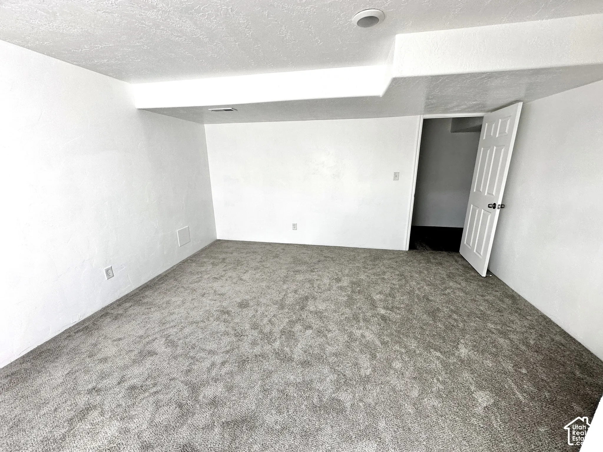 Light gray carpet, recessed ceiling lighting, textured white walls, and a paneled interior door