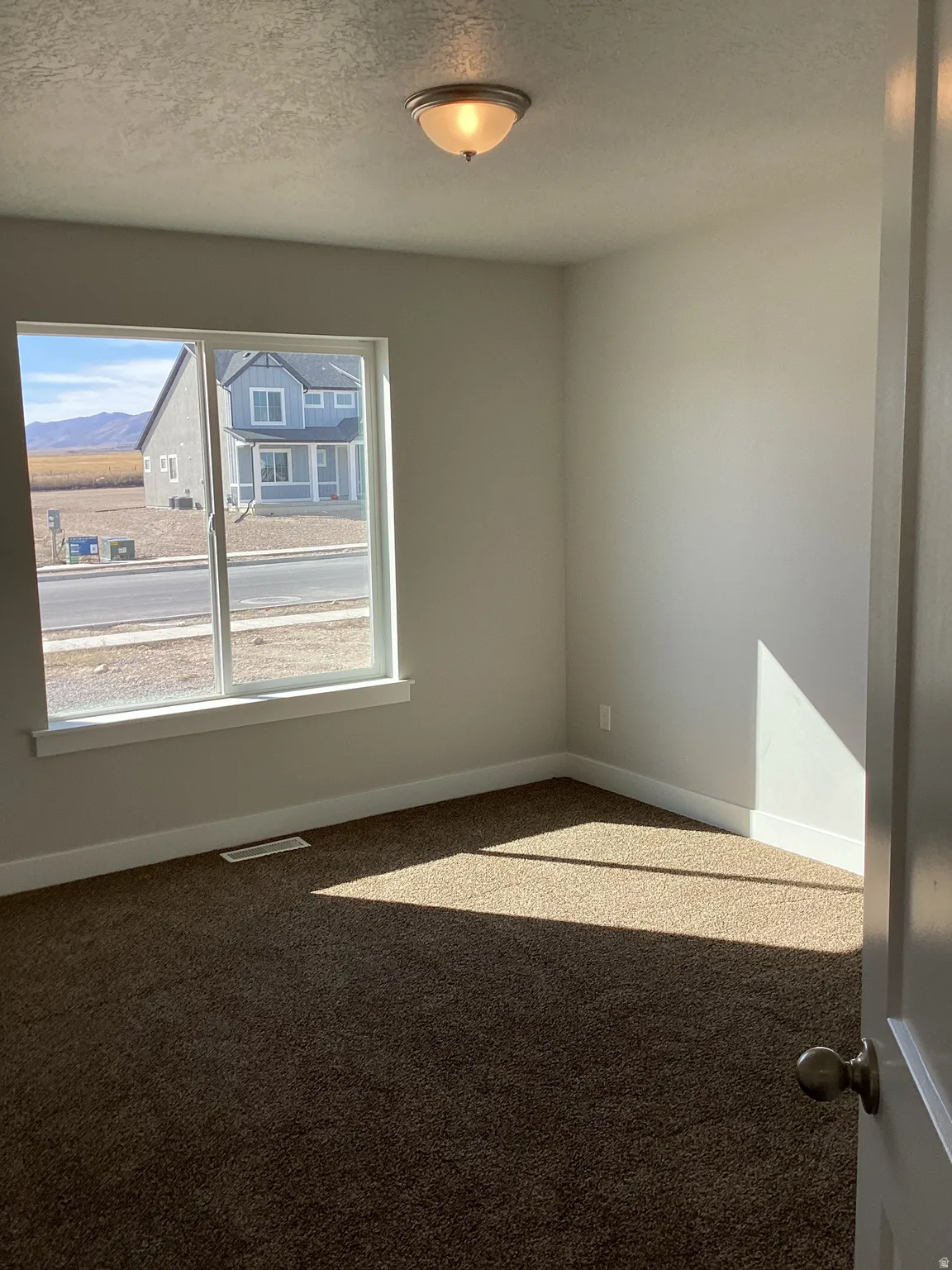 Carpeted spare room featuring a textured ceiling and a mountain view
