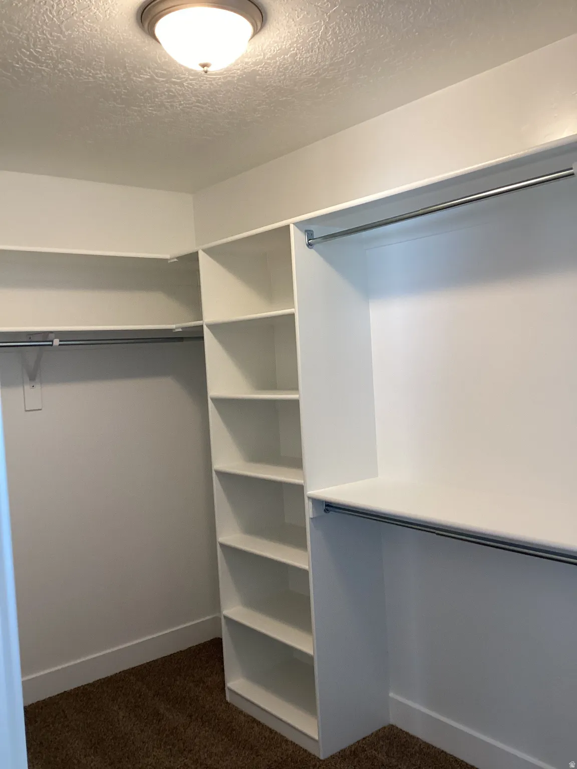 Walk in closet with dark colored carpet