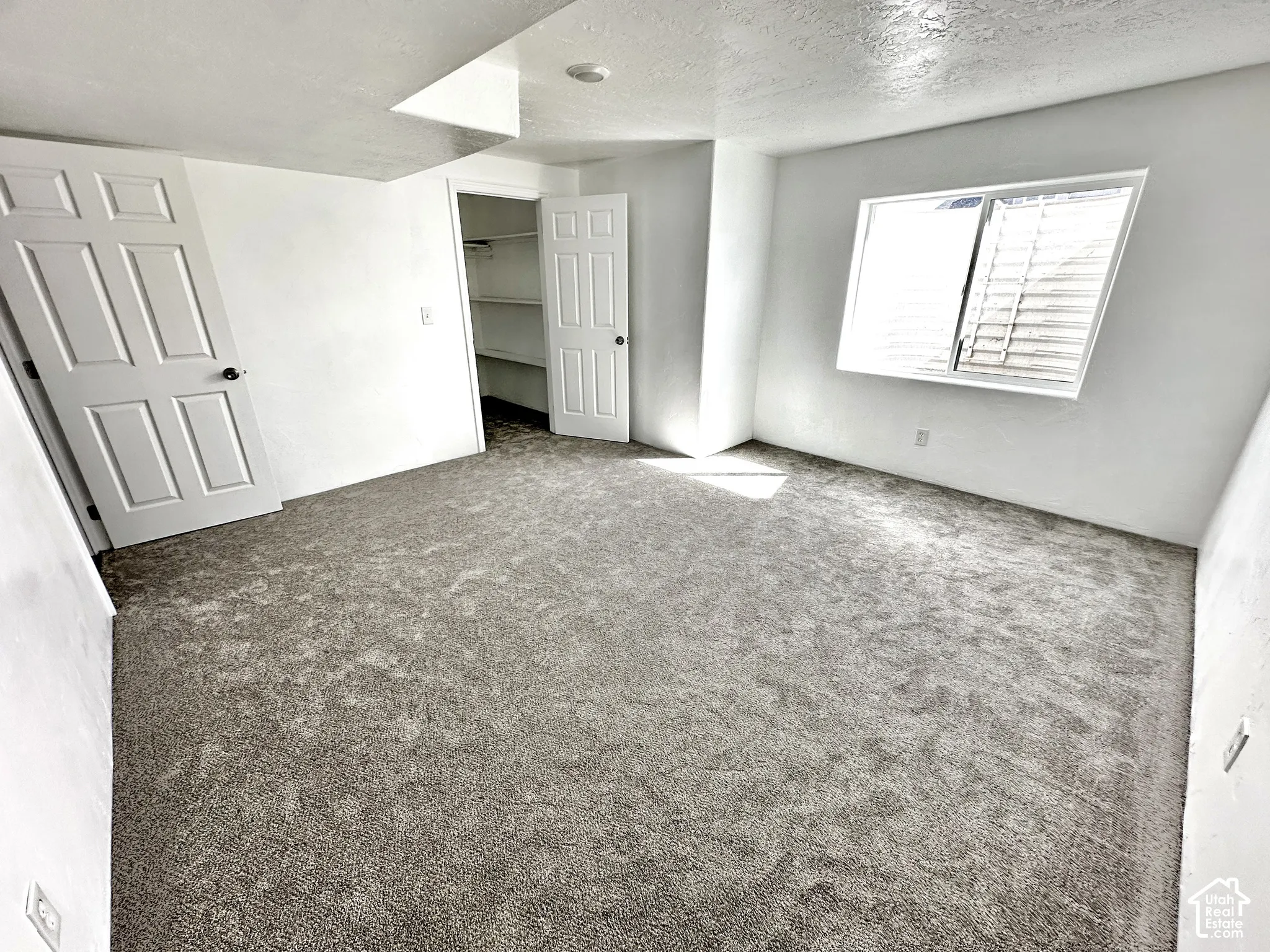 Neutral-toned carpeting, white walls, and a window with horizontal blinds