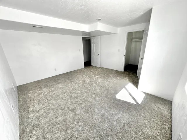 Carpeted room with white painted walls, a white ceiling, and two white interior doors