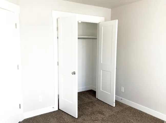 Recessed closet with a single hanging rod, white interior walls, and dark textured carpeting
