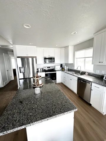 Kitchen featuring white cabinetry, dark speckled countertops, stainless steel appliances, and wood-finish flooring