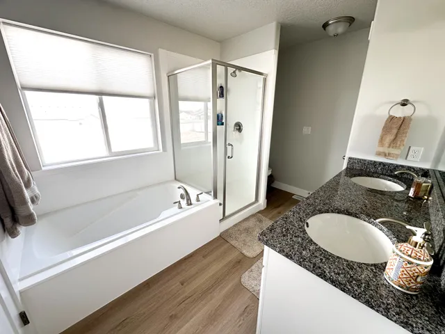 Dual vanity with undermount sinks and dark speckled countertop