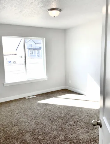 Neutral wall finishes, light-toned carpeting, flush-mount ceiling fixture, and a window with white trim