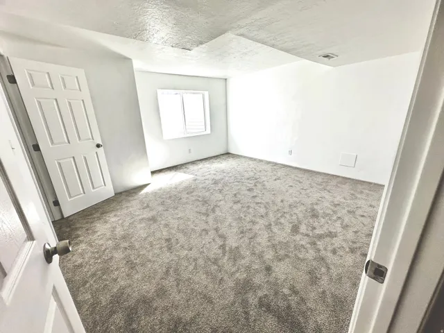 Wall-to-wall carpeting with light-toned walls and ceiling