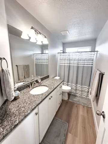 Spacious bathroom featuring a white vanity with extensive counter space, an undermount sink, and wood-finish flooring