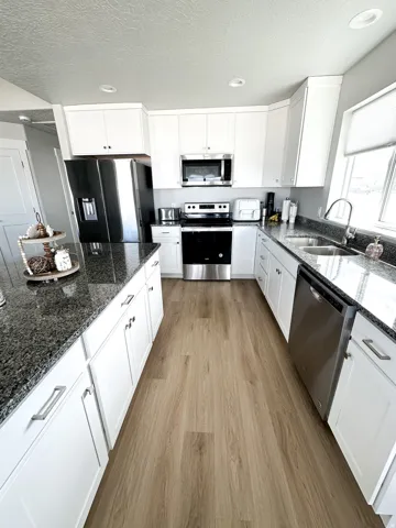 White cabinetry with contemporary hardware, stainless steel appliances, dark granite countertops, wood-finish flooring, and recessed lighting