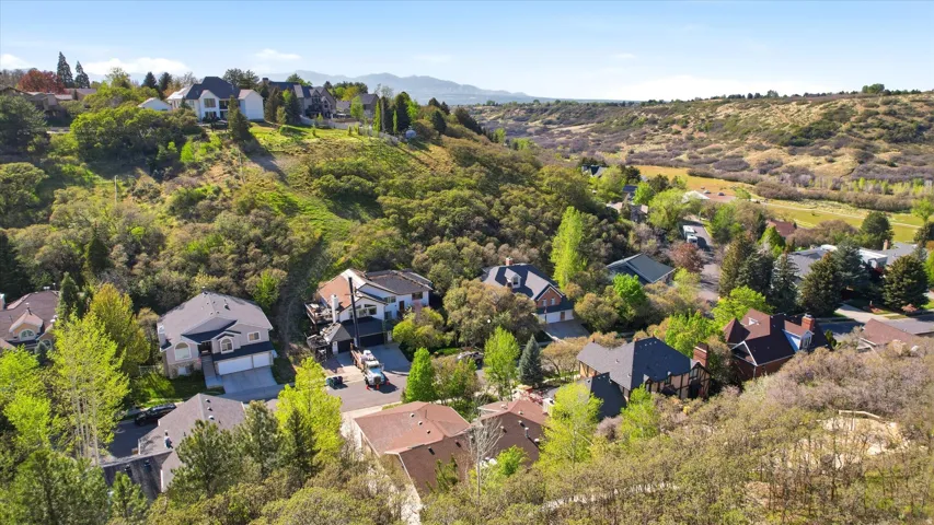 Aerial perspective of suburban area featuring a mountainous background