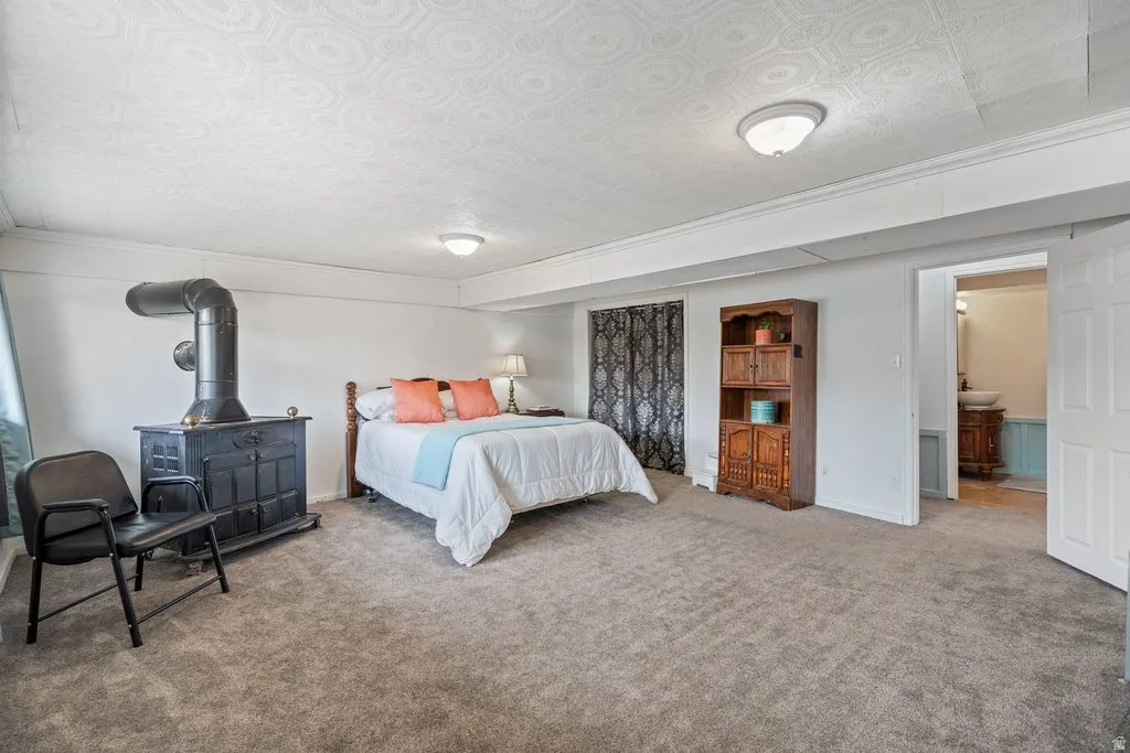 Carpeted bedroom featuring an ornate ceiling and baseboards