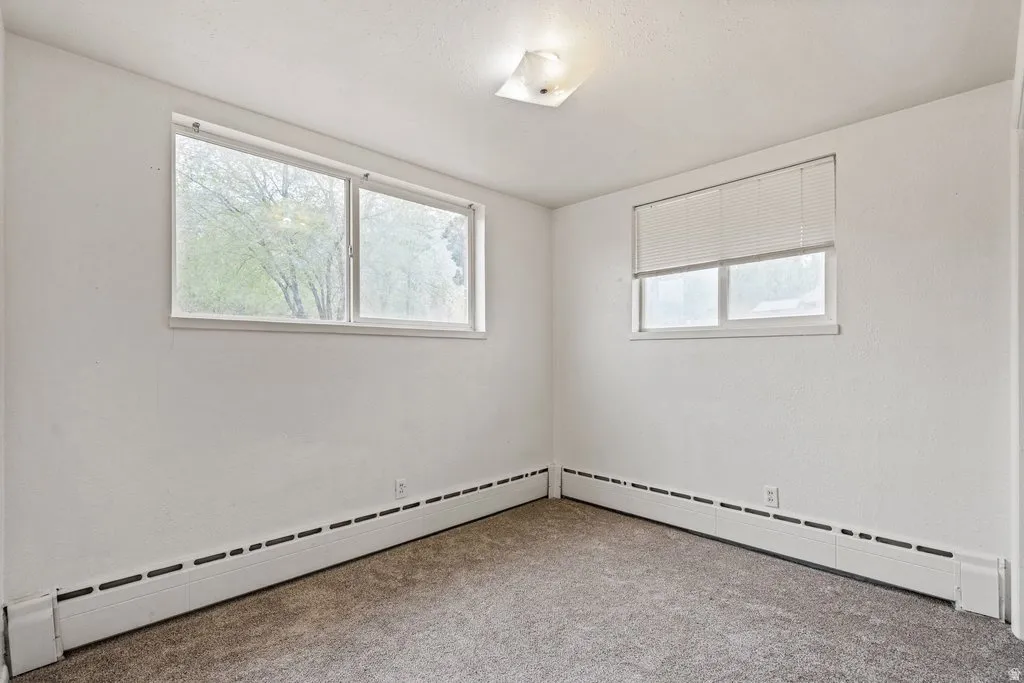 Spare room with carpet floors, a baseboard radiator, and plenty of natural light