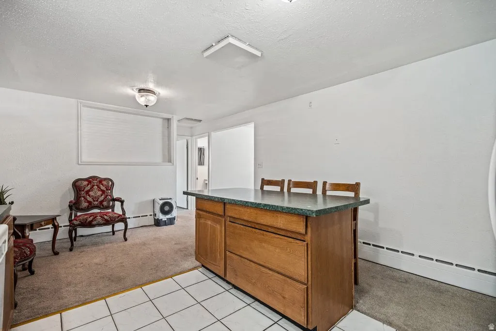 Interior space featuring light colored carpet, a baseboard radiator, light tile patterned floors, a textured ceiling, and a baseboard heating unit
