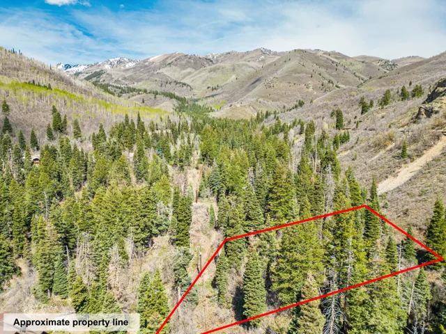 Aerial overview of property's location featuring property parcel outlined and a mountain backdrop