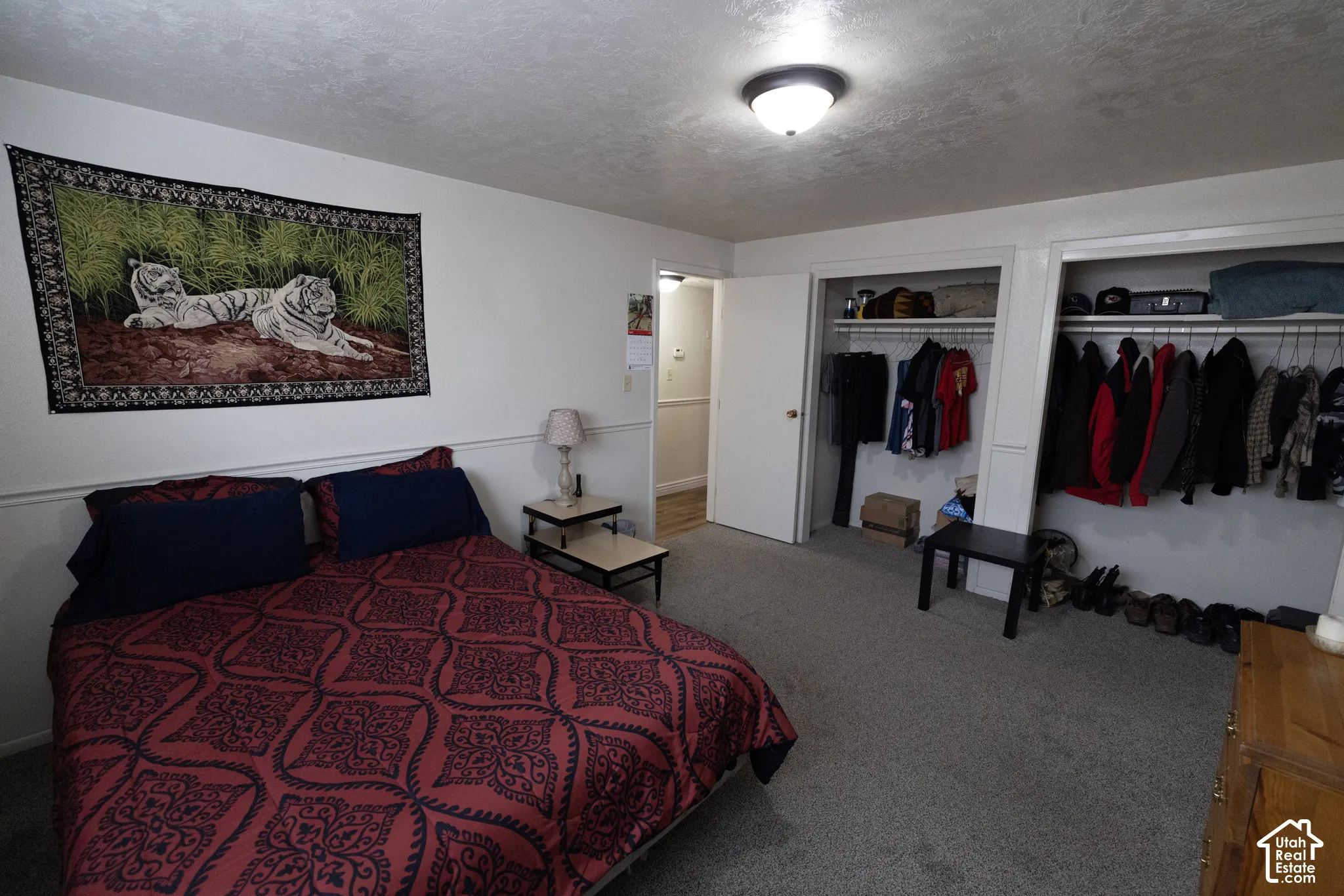 Bedroom featuring carpet floors,  and two closets