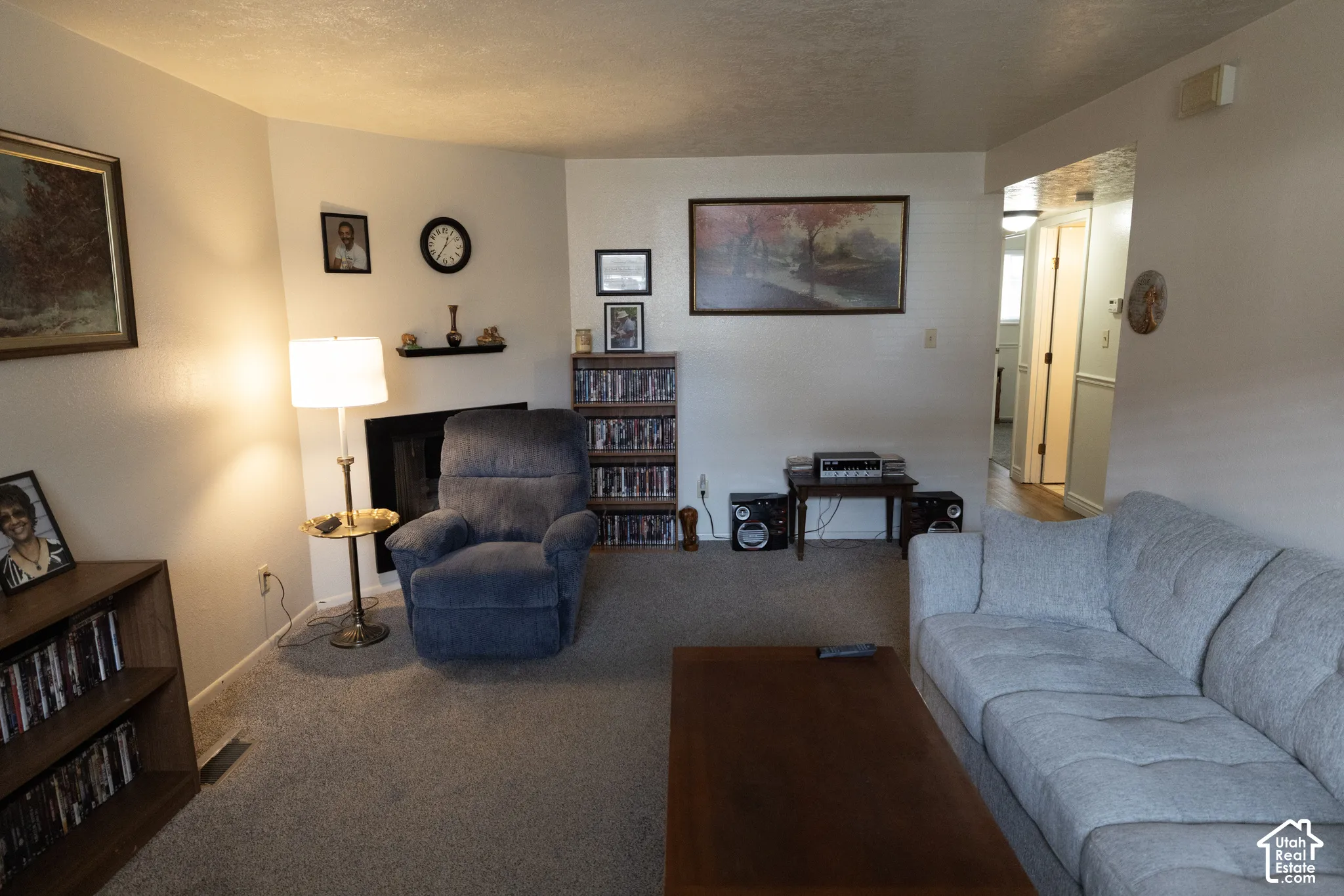 Living room with carpet floors