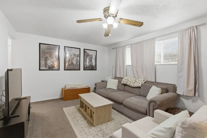 Carpeted living room featuring ceiling fan and a textured ceiling