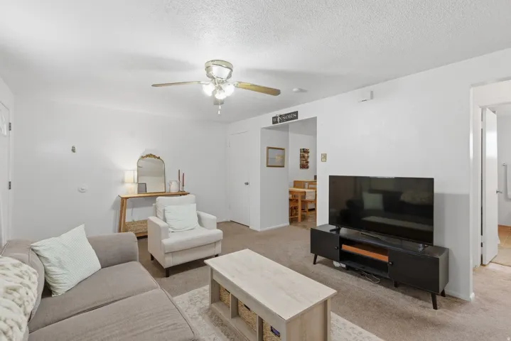 Living room featuring light colored carpet, ceiling fan, and a textured ceiling
